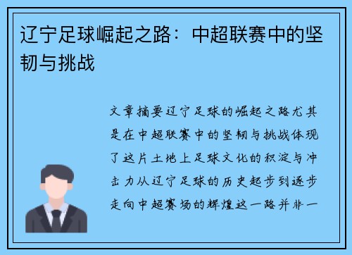 辽宁足球崛起之路：中超联赛中的坚韧与挑战