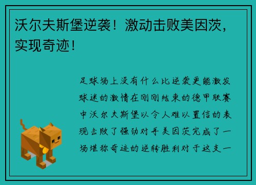 沃尔夫斯堡逆袭！激动击败美因茨，实现奇迹！