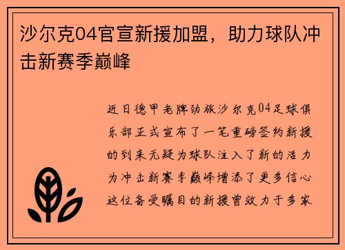 沙尔克04官宣新援加盟，助力球队冲击新赛季巅峰