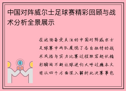 中国对阵威尔士足球赛精彩回顾与战术分析全景展示