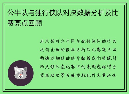 公牛队与独行侠队对决数据分析及比赛亮点回顾